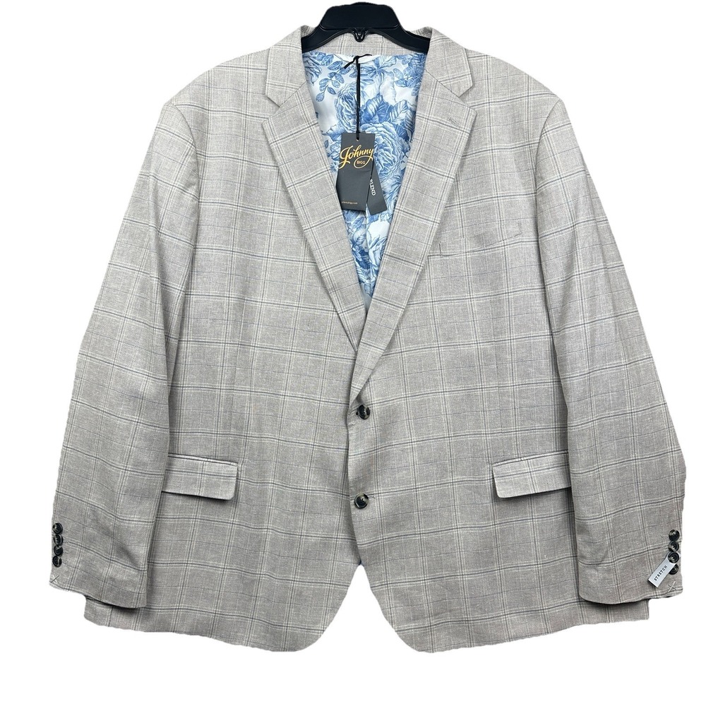 Johnny Bigg Sport Blazer Men's 58R Linen Beige Windowpane Lined Big Tall NWT